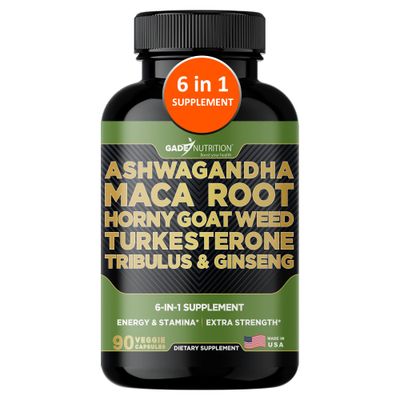Gade Nutrition Ashwagandha with Maca Root, Horny Goat Weed, Turkesterone Supplement, Tribulus Terrestris, Panax Ginseng 90 Vegetable Capsules for Energy, Stamina, Performance. Made in USA