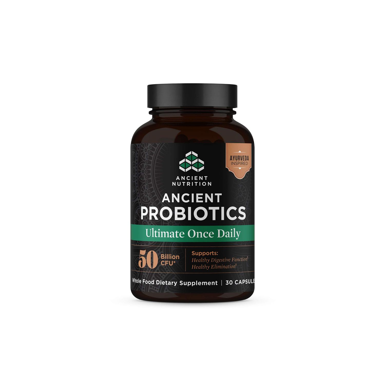Ancient Nutrition Probiotics, Ultimate with Turmeric, Ginger and Fenugreek, Supports Digestive Functions, Reduces Diarrhea, Constipation, Bloating, Superfoods Blend, 50 Billion CFUs, 30 Capsules