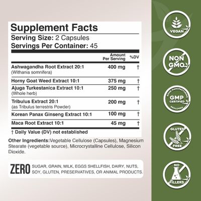 Gade Nutrition Ashwagandha with Maca Root, Horny Goat Weed, Turkesterone Supplement, Tribulus Terrestris, Panax Ginseng 90 Vegetable Capsules for Energy, Stamina, Performance. Made in USA