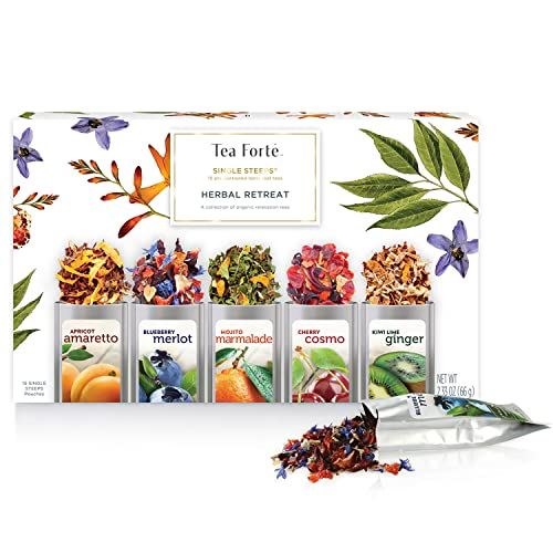 Tea Forte Single Steeps Loose Leaf Herbal Retreat Premium Tea Sampler 15 Count 3 of Each Assorted Blends, Pre-Portioned Single Serve Pouches, Steeps 12 oz
