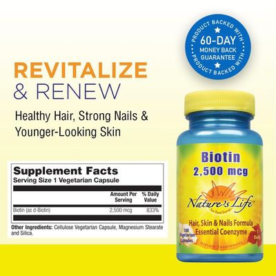 Nature's Life Biotin 2500mcg Healthy Hair, Skin, Nail Metabolism Support Non-GMO 100 Vegetable Capsules