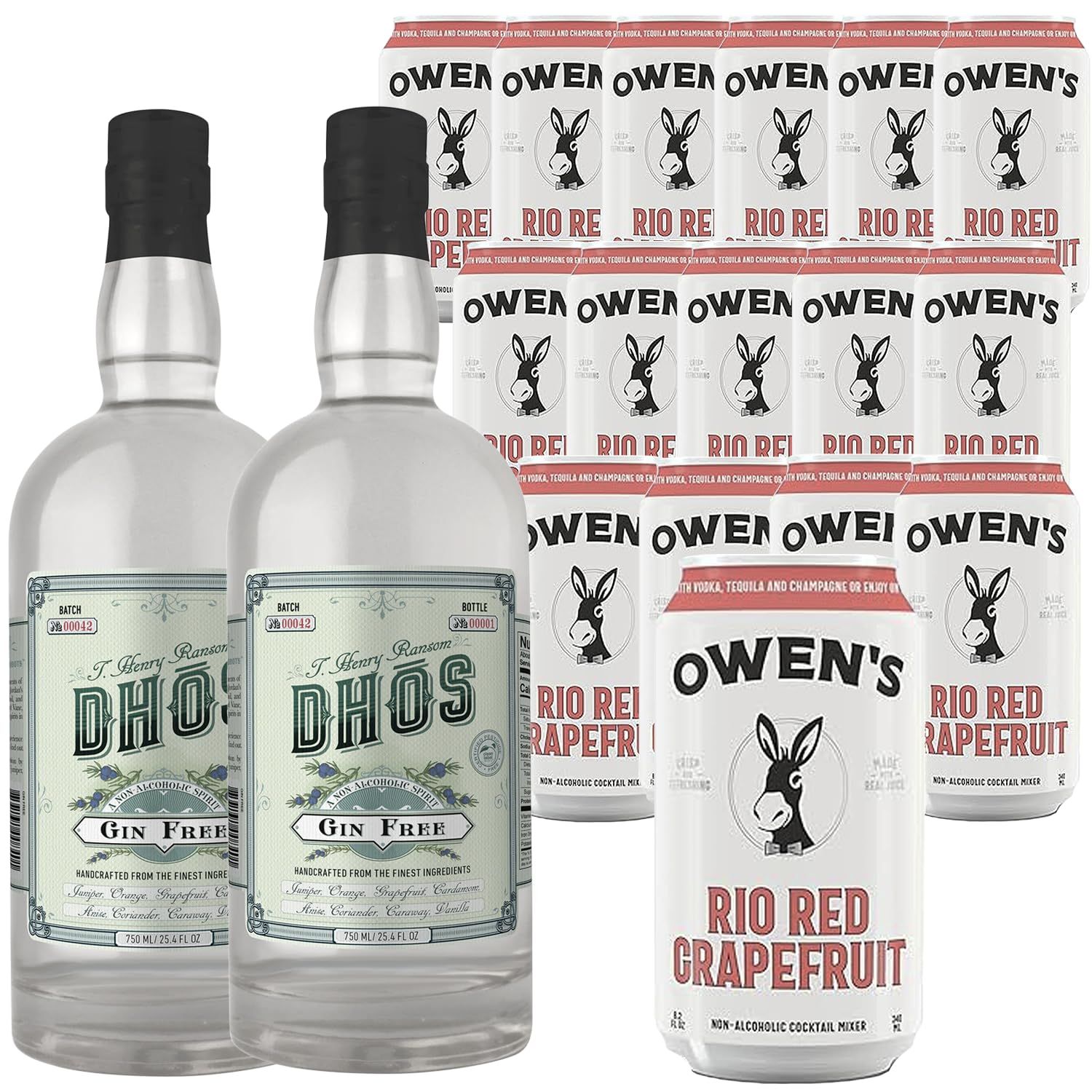 Dh s Handcrafted Non-Alcoholic Gin 750 ML Bottles w Pack Owen s Mixers Rio Red Grapefruit 8.2 OZ Cans - Perfect for Mocktails - Made in USA