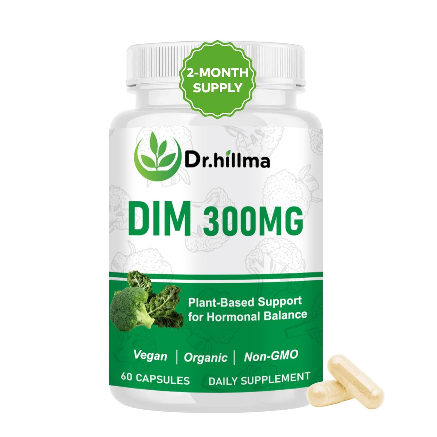 DIM Supplement 300mg, Hormone Balance for Women Men, Estrogen Metabolism Menopause Support with Diindolylmethane Black Pepper Extract, Non-GMO Vegan Capsules, 60 Count
