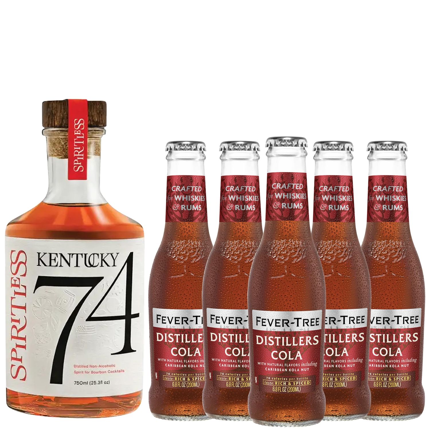 Spiritless Kentucky 74 Distilled Non-Alcoholic Whiskey Bundle with Fever Tree Cola - Coke and Whiskey - Premium Zero-Proof Liquor Spirits for a Refreshing Experience 5 PACK