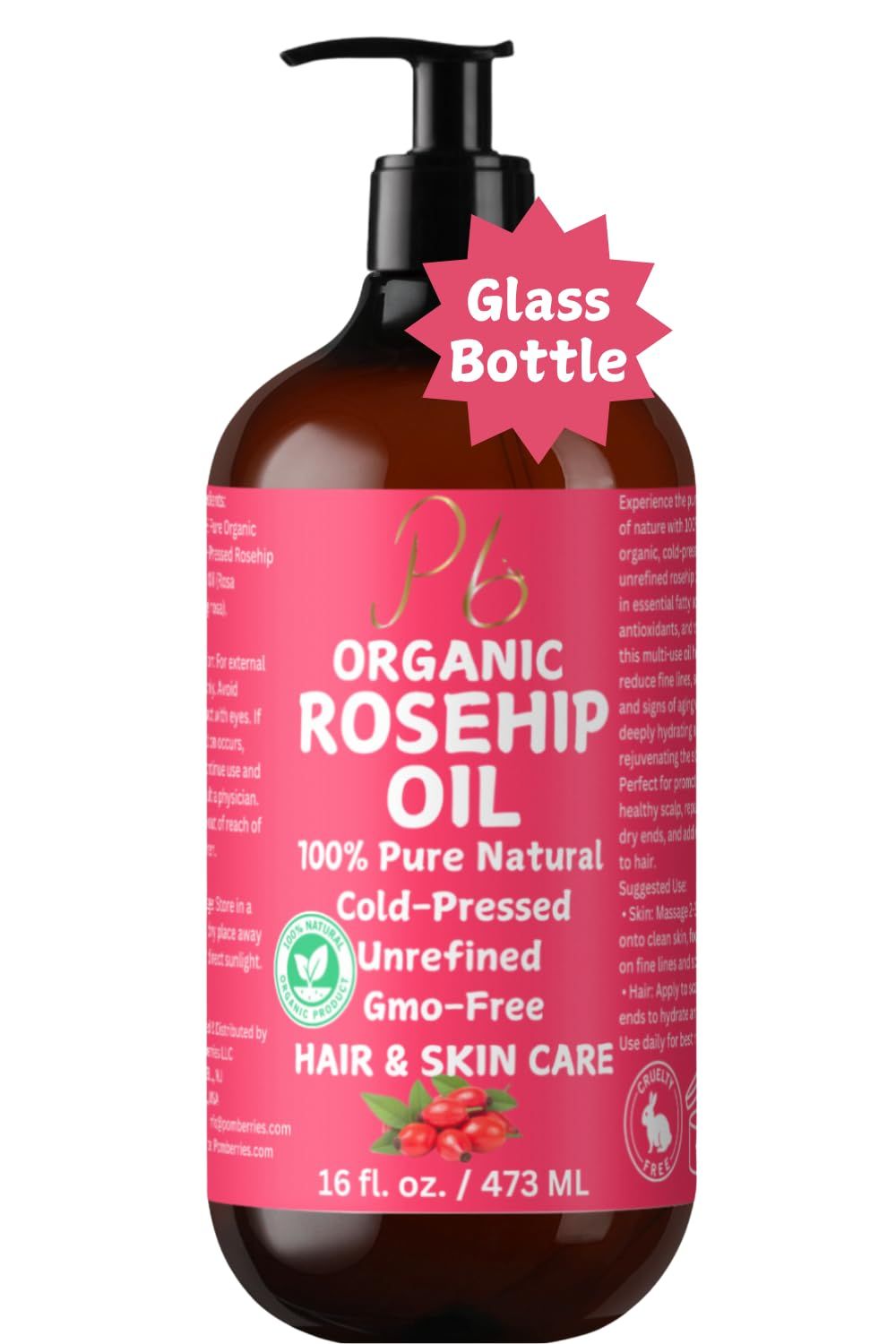 Organic Rosehip Seed Oil, 100 Pure Cold-Pressed, Natural Face Oil for Anti-Aging, Scar Treatment, Skin Moisturizer Hair Care - Extra Virgin Rosehip Oil 16 fl oz Bulk Glass Bottle with Pump
