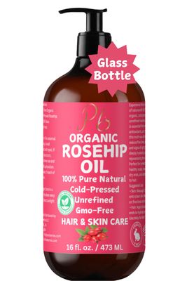 Organic Rosehip Seed Oil, 100 Pure Cold-Pressed, Natural Face Oil for Anti-Aging, Scar Treatment, Skin Moisturizer Hair Care - Extra Virgin Rosehip Oil 16 fl oz Bulk Glass Bottle with Pump