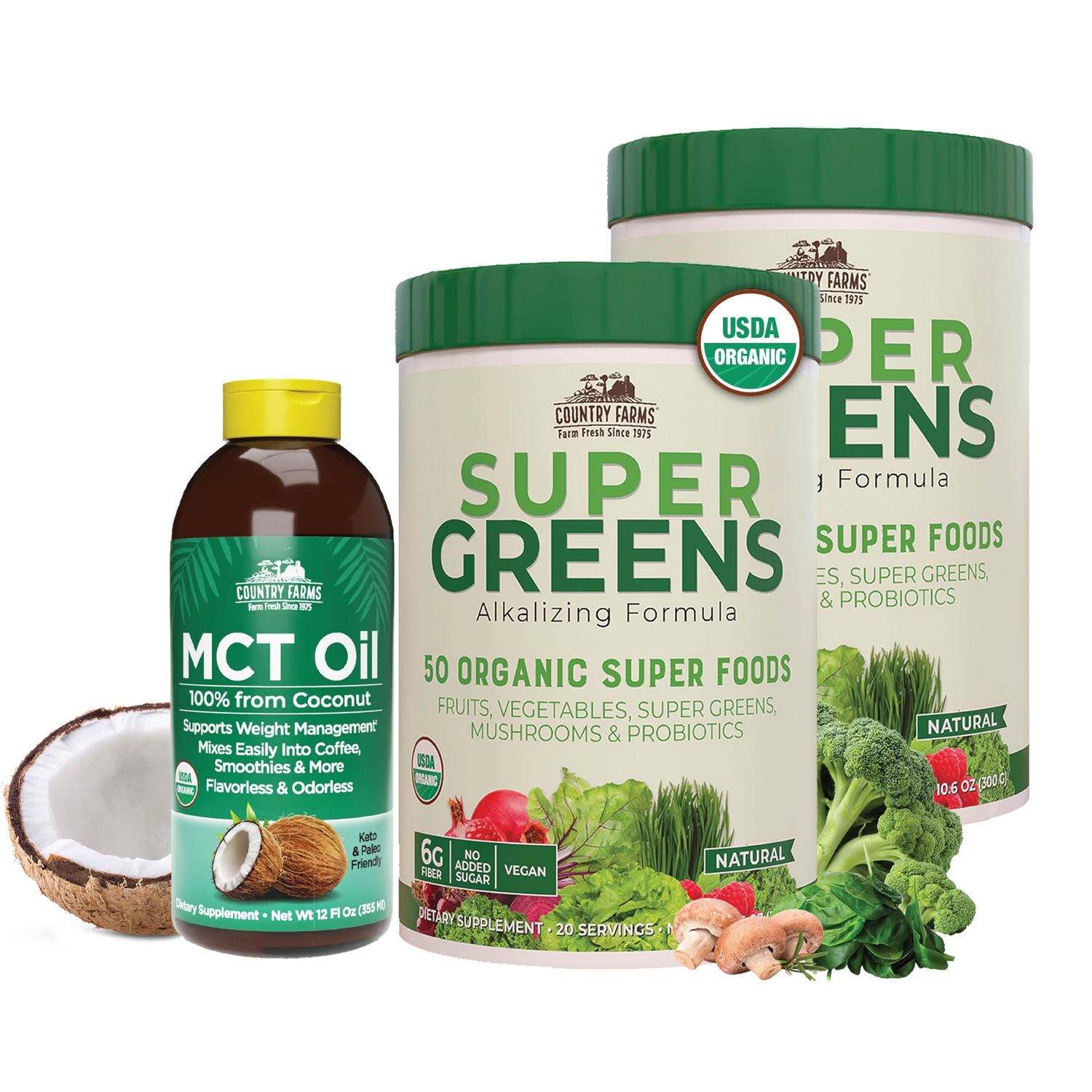 COUNTRY FARMS Super Greens Natural Flavor 2 Pack, with Bonus MCT Oil, 50 Organic Super Foods, Packed with Fiber, Supports Energy, Keto and Paleo Friendly, Bundle Pack