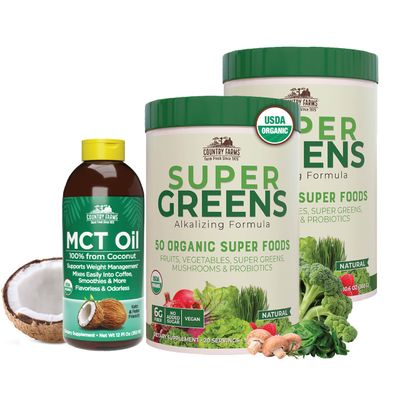 COUNTRY FARMS Super Greens Natural Flavor 2 Pack, with Bonus MCT Oil, 50 Organic Super Foods, Packed with Fiber, Supports Energy, Keto and Paleo Friendly, Bundle Pack