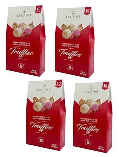 Lugano Premium White Chocolate Strawberry Flavored Filling Truffles - Pack of 4 - Delicious and Decadent Chocolate - Perfect for Sharing with Friends and Family - 10 Truffles Per Box