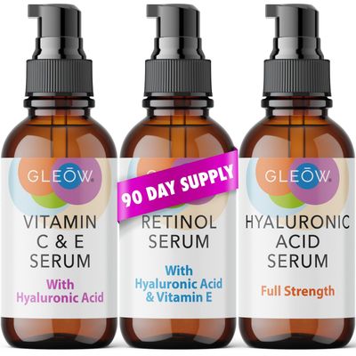 GLEOW Retinol Serum for Face, Vitamin C with Hyaluronic Acid Face Serum for Women and Men, Glow Skin Care Set Total Package Targets Appearance of Uneven Skin Tone and Dryness 3x2 oz