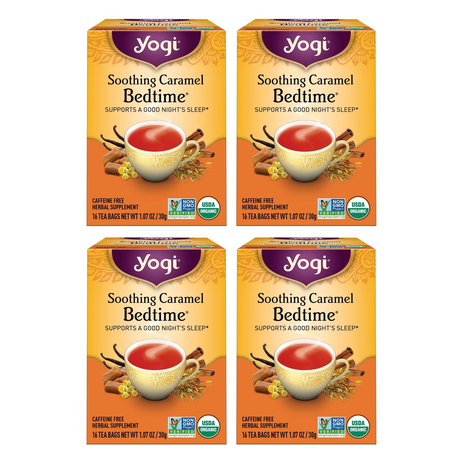 Yogi Tea Soothing Caramel Bedtime Tea - 16 Tea Bags per Pack (4 Packs) - Calming Sleep Tea - Supports Good Sleep - Includes Chamomile Flower, Rooibos Leaf, Roasted Chicory Root More