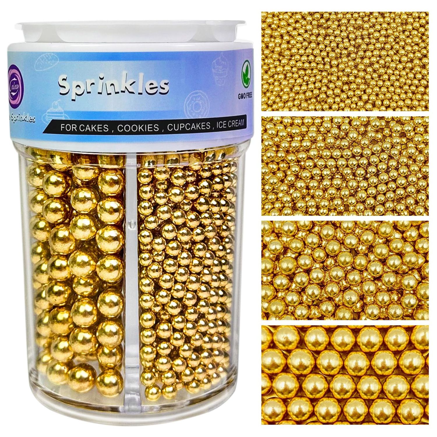 Gold Sprinkles for Cake Decorating, 4 Sizes Pearl Sprinkles Mix 7.7Oz for Cake Cupcake Ice Cream Donuts Cookie Baking Toppings
