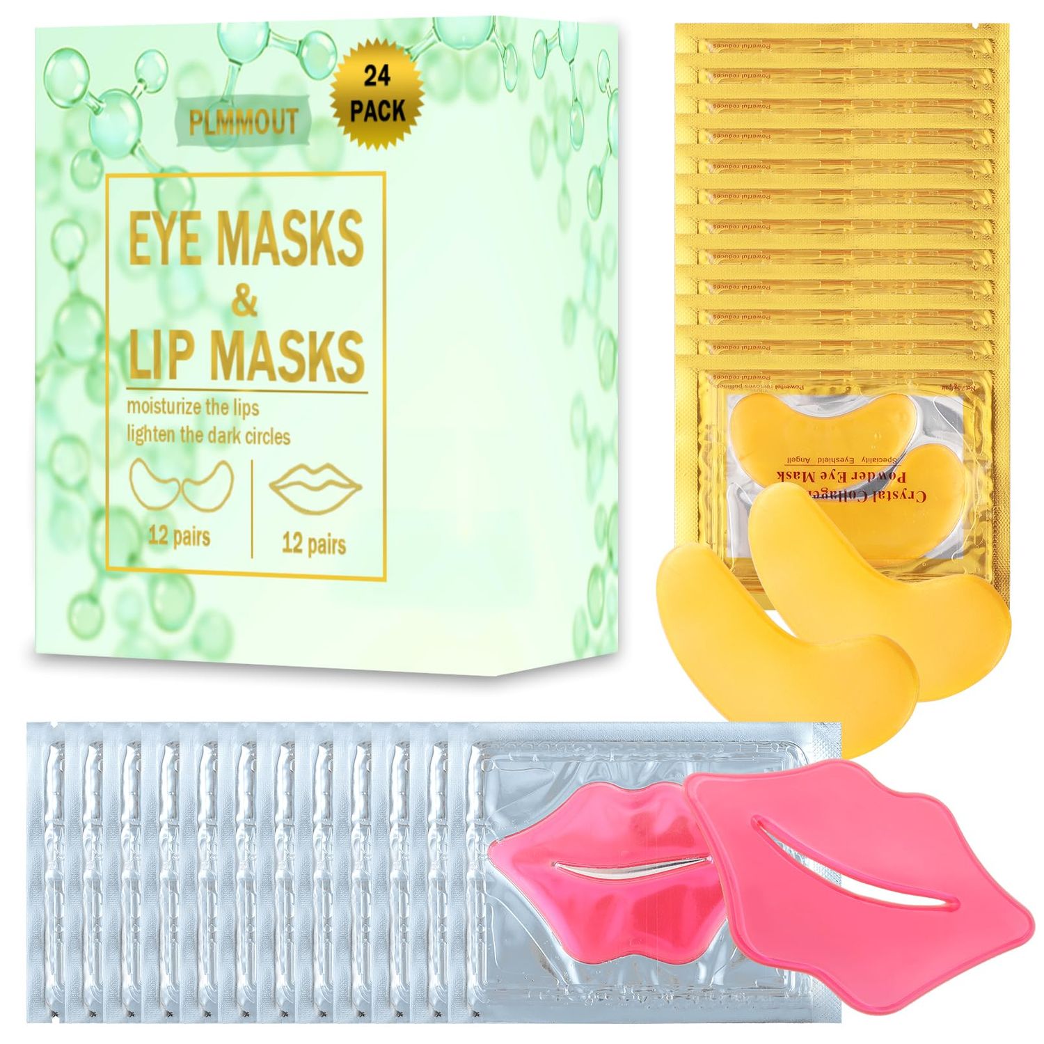 PLMMOUT 24 PCS Lip Masks Eye Masks,Anti-Aging Eye Patches for Puffy Eyes Dark Circles,Collagen Crystal Eye Gel Pads Bulk,Nourish Lip Mask for Moisturizing Hydrate Dry Chapped Lips