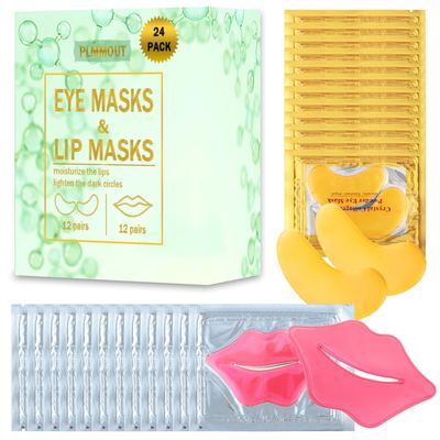 PLMMOUT 24 PCS Lip Masks Eye Masks,Anti-Aging Eye Patches for Puffy Eyes Dark Circles,Collagen Crystal Eye Gel Pads Bulk,Nourish Lip Mask for Moisturizing Hydrate Dry Chapped Lips