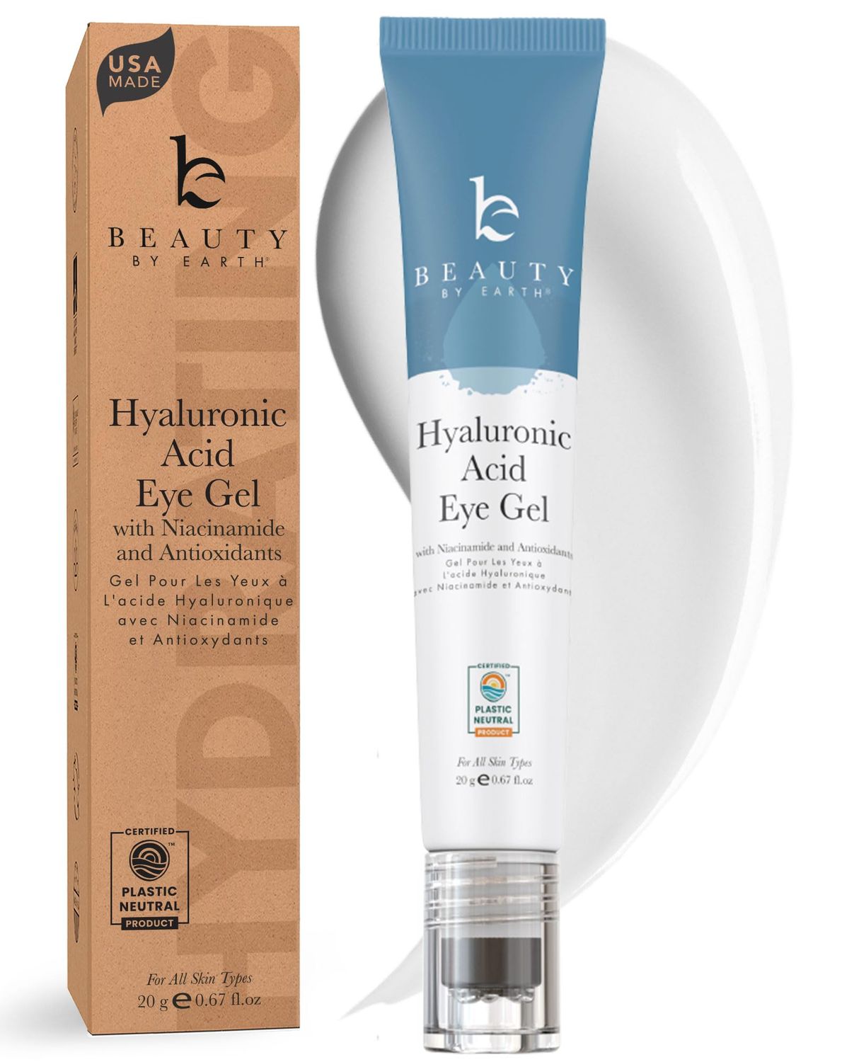 Hyaluronic Acid Eye Cream - USA Made with Natural Organic Ingredients, Cooling Under Eye Gel Brightener, Dark Circles Treatment with Hyaluronic Acid Glycerin, Reduces Puffiness Bags Under Eyes