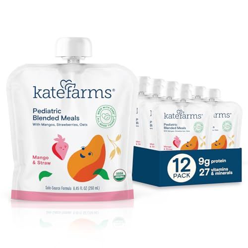 KATE FARMS Organic Pediatric Blended Meal, Mango and Strawberry, 8g protein, organic whole foods, oral or tube feed nutrition, Gluten Free, Non-GMO, 8.45 oz (12 Pack)