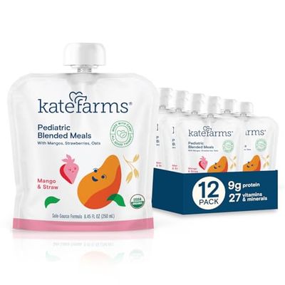 KATE FARMS Organic Pediatric Blended Meal, Mango and Strawberry, 8g protein, organic whole foods, oral or tube feed nutrition, Gluten Free, Non-GMO, 8.45 oz (12 Pack)
