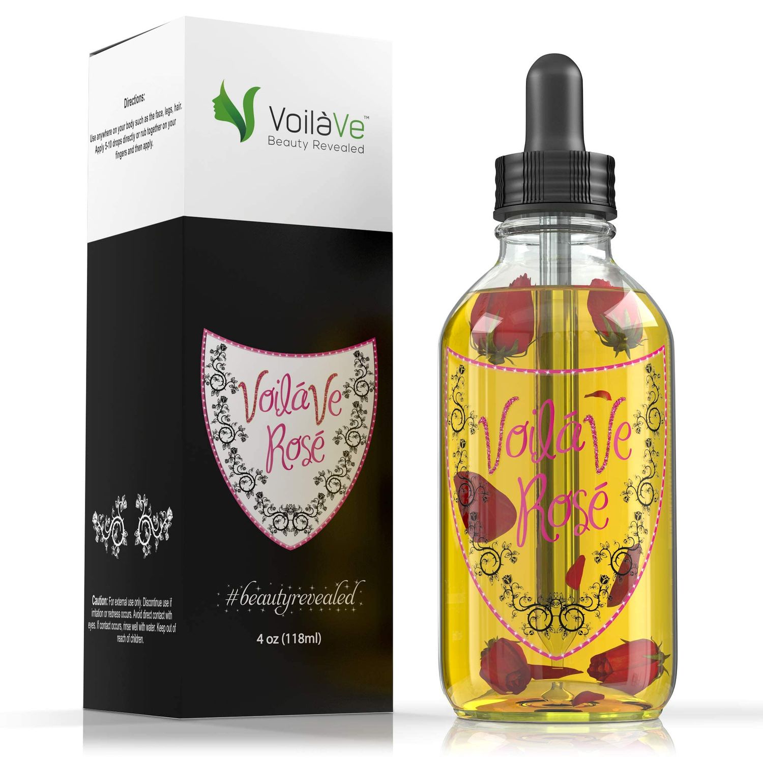 VoilaVe Organic Rose Oil for Face, Hair Body - Hydrating Moisturizer for Dry Skin, Scalp, Nails Cuticles - Reduces Wrinkles, Fine Lines, Scars - Infused with Rose Petals Bergamot - 4 Fl Oz