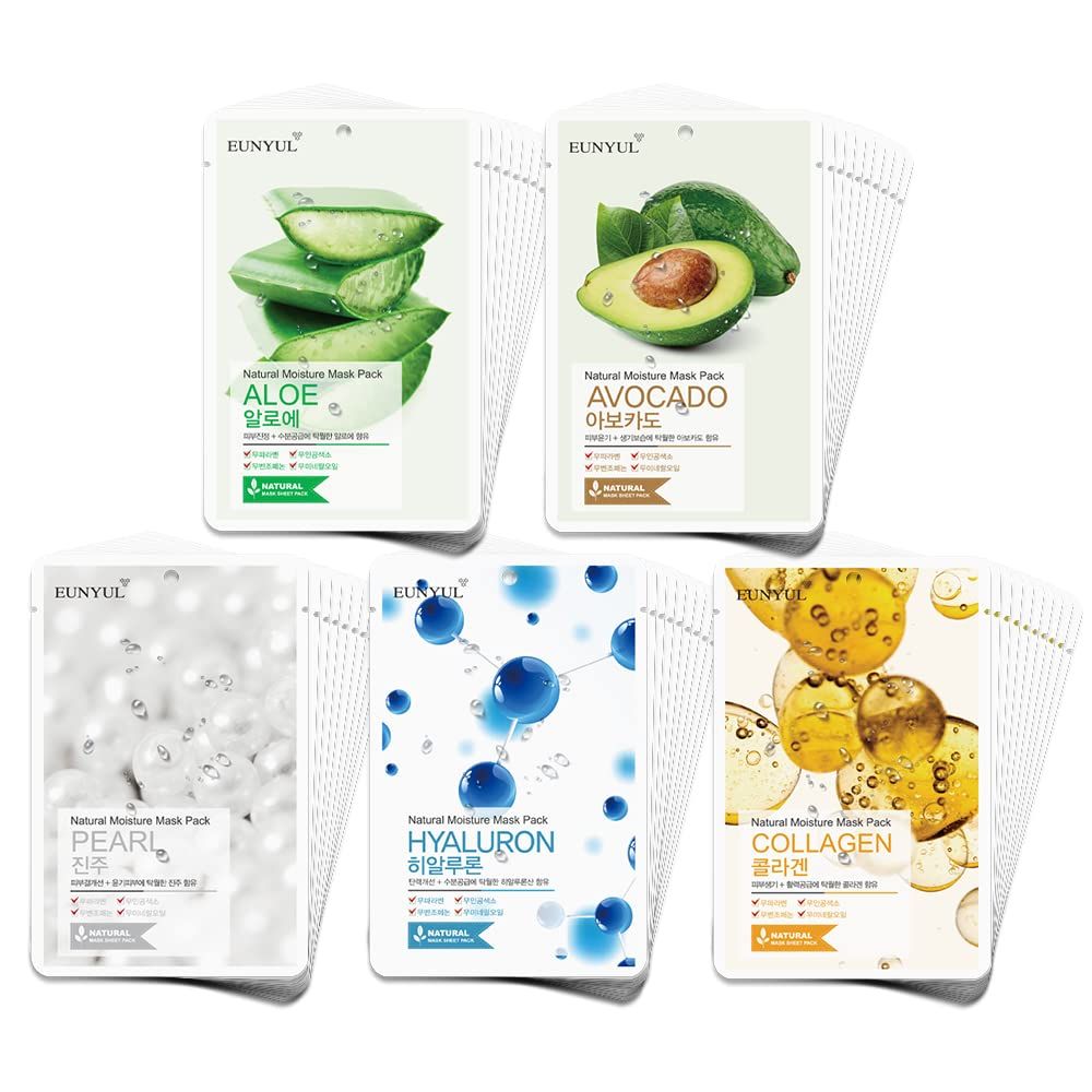 EUNYUL [PACK OF 50] Natural Sheet Mask Pack 5 types x 10 setAloe, Collagen, Pearl, Hyaluron, Avocado