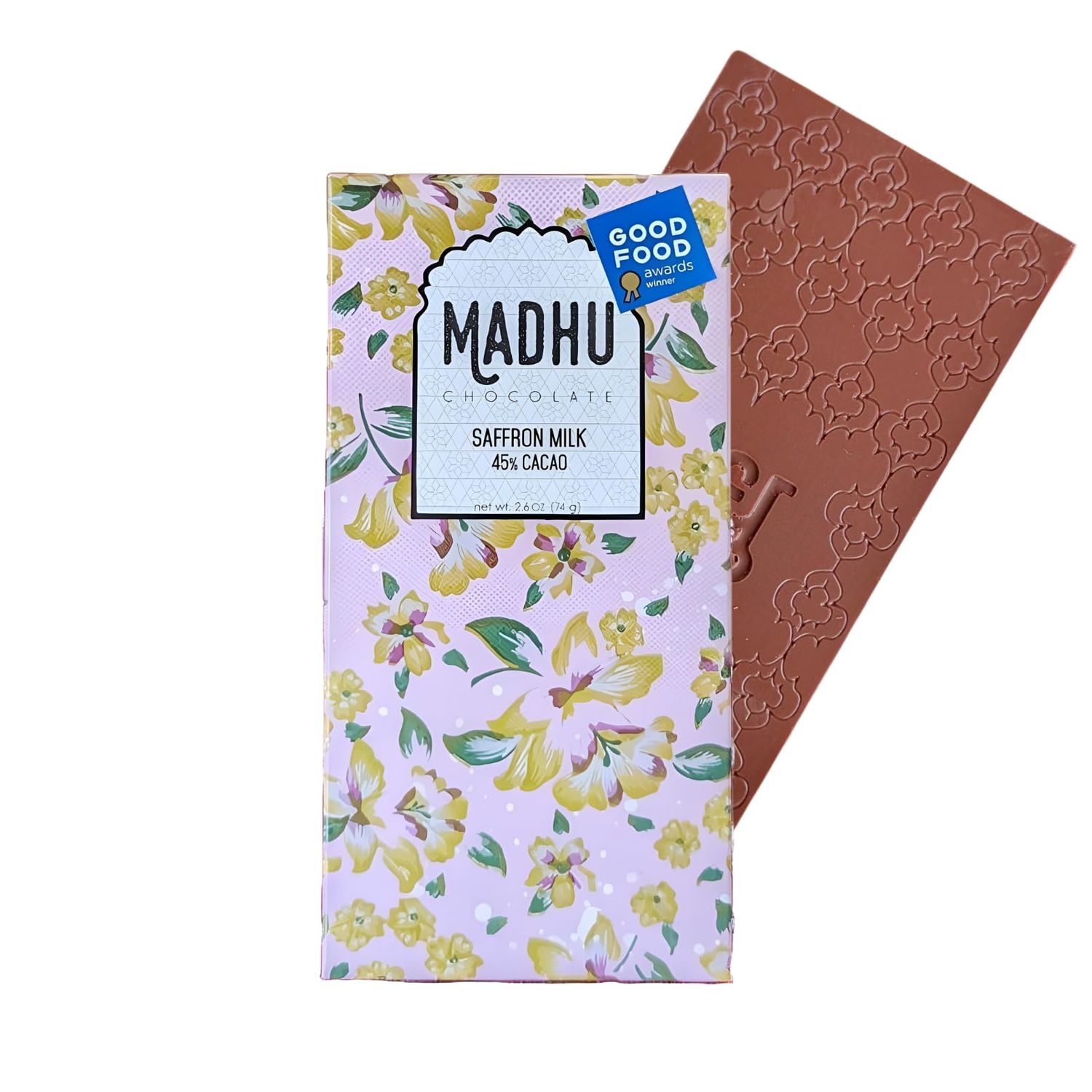 Madhu Chocolate Bar Award Winning Nutritious, Gluten, Soy Free Handcrafted Indian Inspired Cacao Chocolate Bar Gourmet Dessert Gifts Artisanal Snacks 2.6oz (Saffron Milk - 45 Cacao)