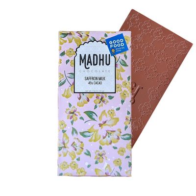 Madhu Chocolate Bar Award Winning Nutritious, Gluten, Soy Free Handcrafted Indian Inspired Cacao Chocolate Bar Gourmet Dessert Gifts Artisanal Snacks 2.6oz (Saffron Milk - 45 Cacao)