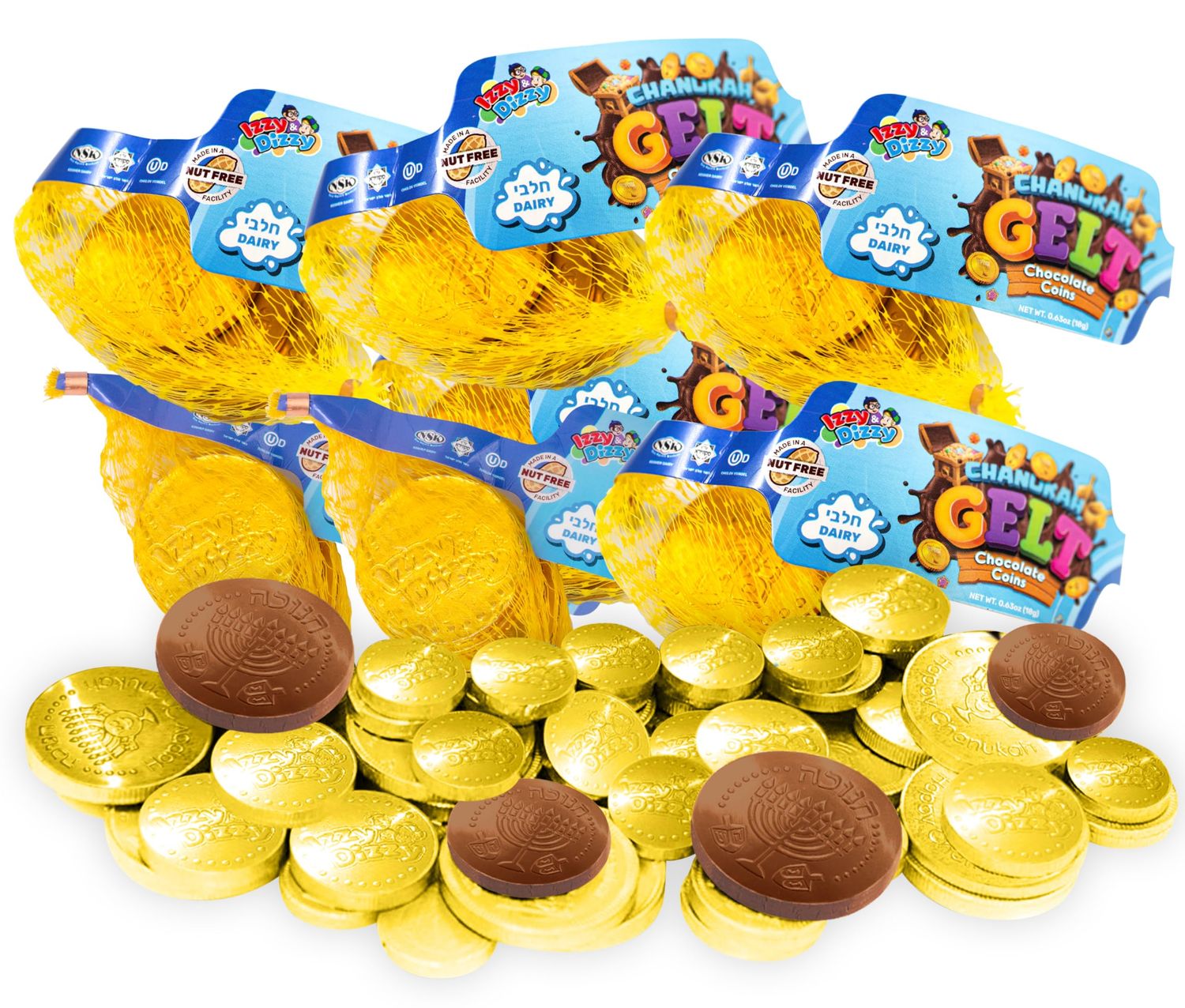 Izzy &#39;n&#39; Dizzy Hanukkah Gelt Coins Chocolate, Kosher Milk Chocolate Coins Nut Free (Dairy), Filled with Menorah Embossed Hanukkah Gelt Coins (6 Mesh Bags)
