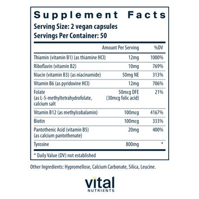 Vital Nutrients Tyrosine and B Vitamins Thyroid, Immune, and Nerve Support Formula Adrenal Support Complex Gluten, Dairy, Soy Free Non-GMO 100 Capsules