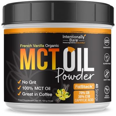 Intentionally Bare MCT Oil Powder French Vanilla MCT Coffee Creamer - C8 MCT Oil Powder for Energy Metabolism - No Grit Keto Energy Blend Excellent in Baking, Shakes Creamer for Coffee - 40 Ser