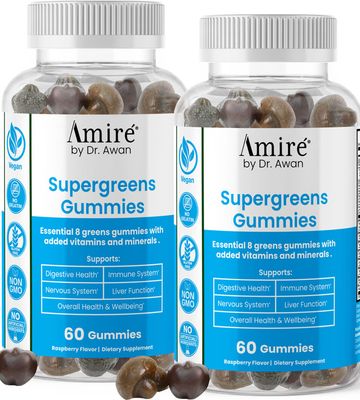 Amire by Dr. Awan Super Greens Gummies, Fruits Veggies Supplement, Green Superfood for Immunity, Metabolism, Liver Function Nervous System, Essential 8 Greens, 120ct, 60day Supply