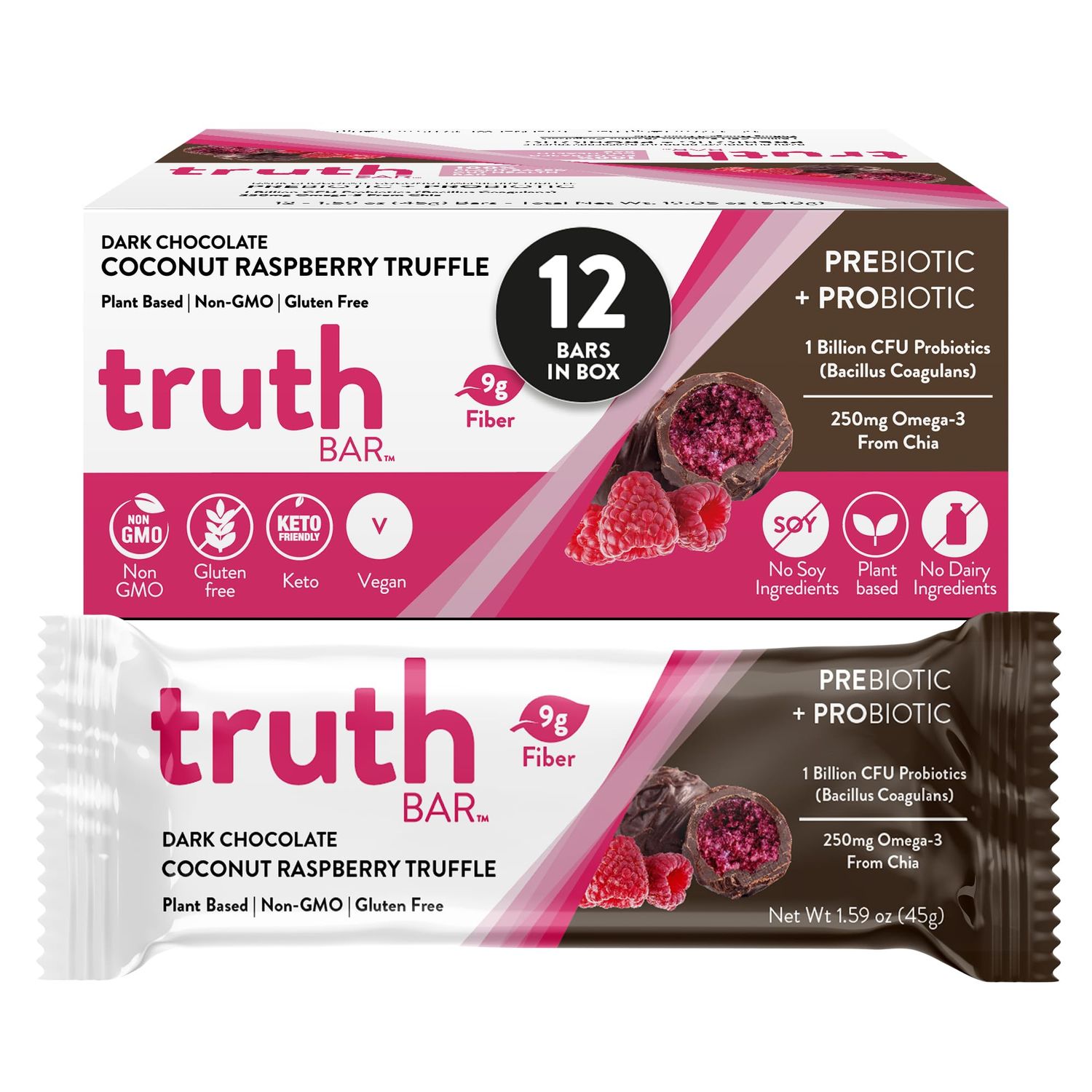 Truth Bar Prebiotic Probiotic Keto Snack Vegan Bars with Omega-3&#39;s - Synbiotic High Fiber Snacks - Low Sugar, Kosher, Gluten Free - Dark Chocolate Coconut Raspberry Truffle (Pack of 12)
