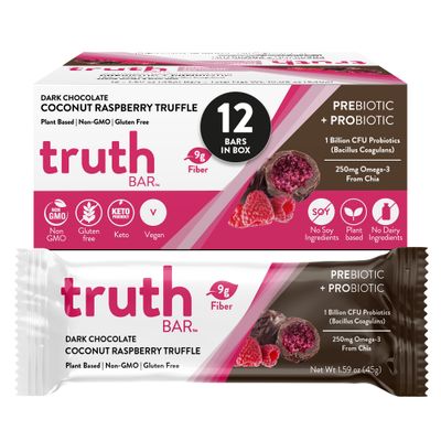 Truth Bar Prebiotic Probiotic Keto Snack Vegan Bars with Omega-3&#39;s - Synbiotic High Fiber Snacks - Low Sugar, Kosher, Gluten Free - Dark Chocolate Coconut Raspberry Truffle (Pack of 12)