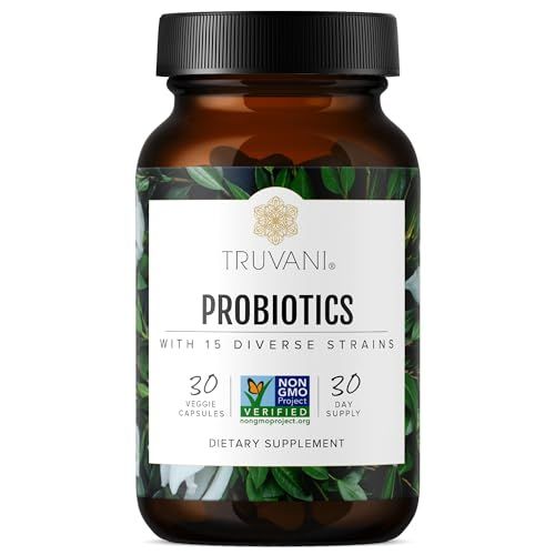 Truvani Probiotic Supplement 30 Servings 15 Billion CFU 15 Diverse Strains for Digestive, Immune Brain Health Support Shelf-Stable Vegan Capsules Non-GMO, No Fillers