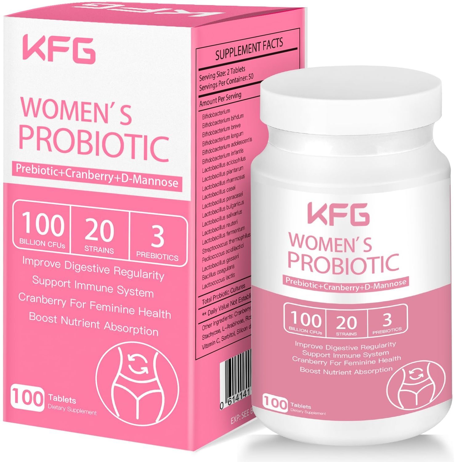 KFG Women&#39;s Probiotic, 100 Billion CFUs, 20 Strains, with Organic PrebioticsCranberry D-Mannose, for Boost Immune, Digestive, Gut, Vaginal Urinary Health, Gluten Dairy Soy Free, 100 Tablets.