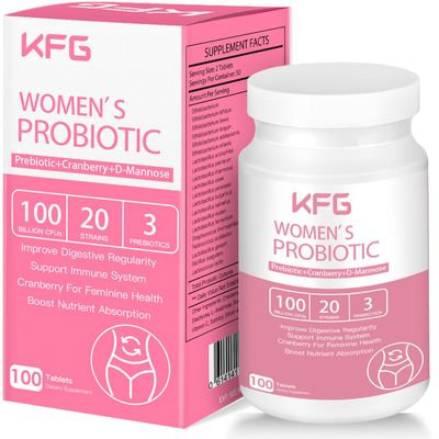 KFG Women&#39;s Probiotic, 100 Billion CFUs, 20 Strains, with Organic PrebioticsCranberry D-Mannose, for Boost Immune, Digestive, Gut, Vaginal Urinary Health, Gluten Dairy Soy Free, 100 Tablets.