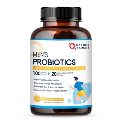 NATURE TARGET Probiotics for Men Digestive Health with Enzymes Prebiotics, 100 Billion CFUs, Men&#39;s Probiotics with Saw Palmetto Cranberry for Prostate Urinary Tract Health, 90 Veggie Capsules