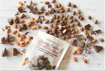 Trader Joe's Slightly Coated Dark Chocolate Almonds, dusted with cocoa sea salt, (Pack of 2)