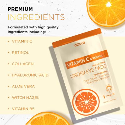 AZURE Vitamin C Under Eye Pads - Anti Aging, Lifting Moisturizing Eye Mask Patches - Reduces Fine Lines, Wrinkles, Dark Circles Puffiness - Skin Care Made in Korea - 10 Pairs