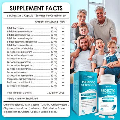 CANLIST Probiotics 120 Billion CFUs 18 Strains, 3 Prebiotics Digestive Enzymes for Men Women,Digestive Immune Support,Shelf Stable Non-GMO 60 Vegetarian Capsules