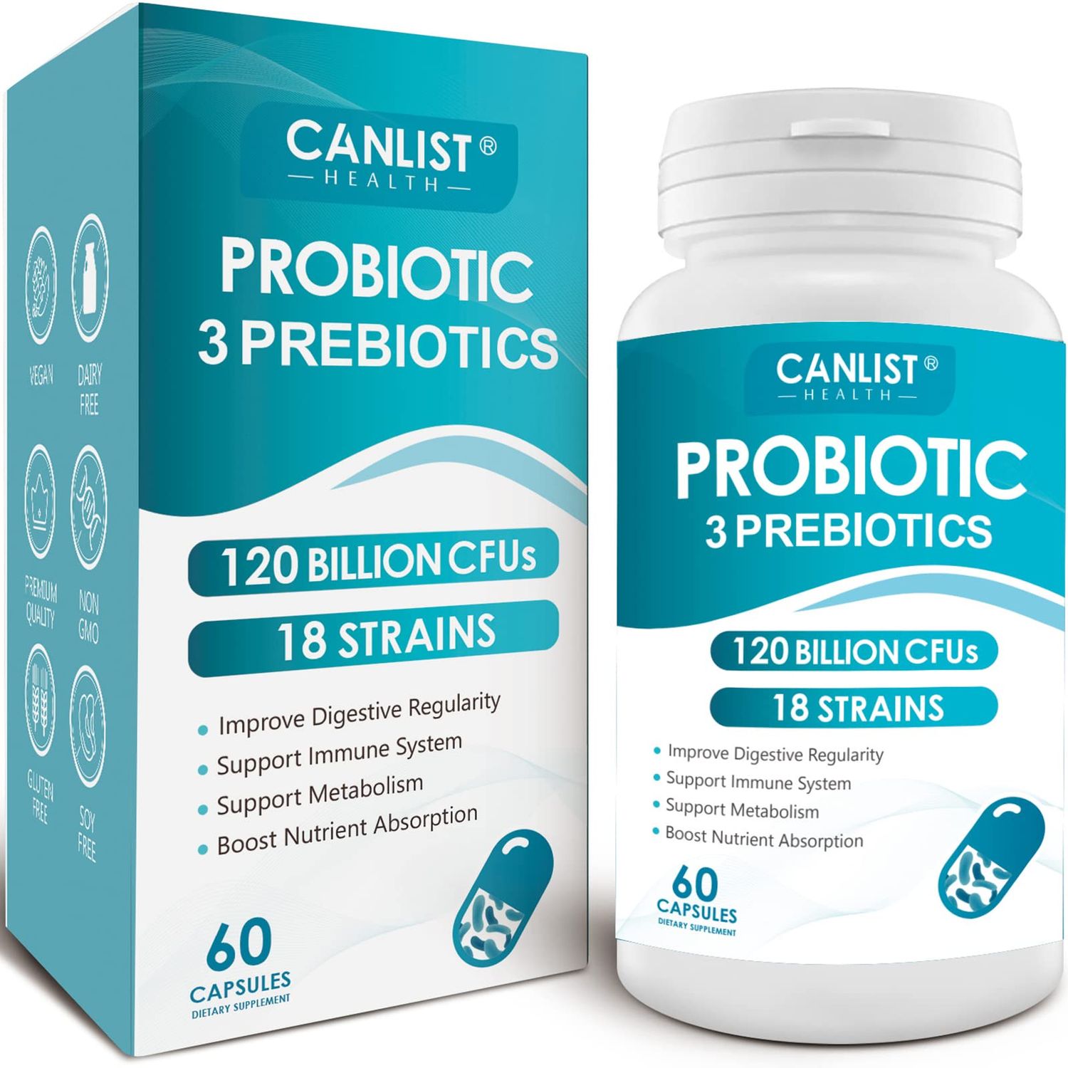 CANLIST Probiotics 120 Billion CFUs 18 Strains, 3 Prebiotics Digestive Enzymes for Men Women,Digestive Immune Support,Shelf Stable Non-GMO 60 Vegetarian Capsules