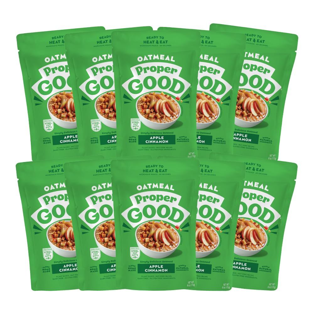 Proper Good Apple Cinnamon Oatmeal - Ready in 60 Seconds for a Quick Easy Breakfast - Steel Cut Oats with Chia Flax - High Fiber Protein - Delicious Nutritious Snack - Pack of 10