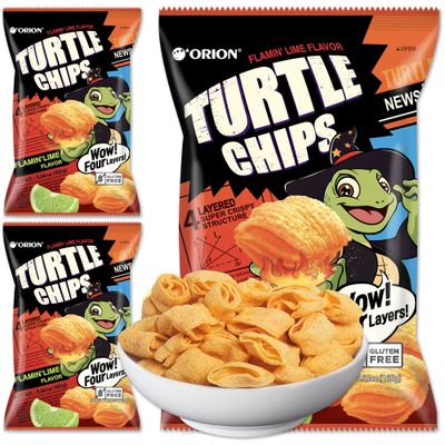 K-Munchies Orion Turtle Chips - Large 3 x 160-gram Flamin&#39; Lime Flavor Korean Chips - Big Bag, Party Size Tasty, Crispy Korean Corn Snacks - Bite-Sized, On-The-Go Korean Corn Snack for Family