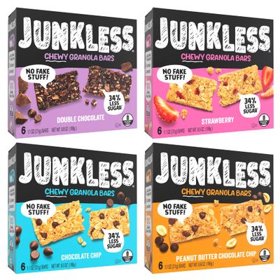 Junkless Chewy Granola Bar 4-Flavor Variety Pack - Chocolate Chip, Double Chocolate, Peanut Butter Chocolate Chip Real Strawbery - Less Sugar, Great Tasting- Bulk Granola Bars - 1.1 oz. Bars, 4 Boxes