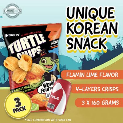 K-Munchies Orion Turtle Chips - Large 3 x 160-gram Flamin' Lime Flavor Korean Chips - Big Bag, Party Size Tasty, Crispy Korean Corn Snacks - Bite-Sized, On-The-Go Korean Corn Snack for Family