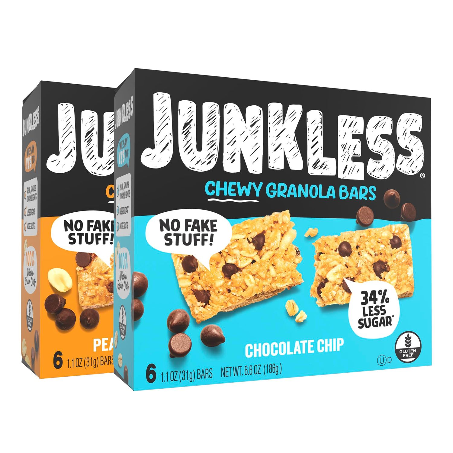 Junkless Chocolate Chip Peanut Butter Chocolate Chip Chewy Granola Bars Twin Pack - Less Sugar, Great Tasting, Wholesome Snacks - 1.1 oz. Bars