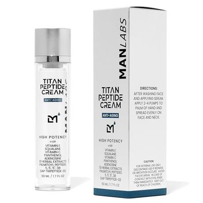 Man Labs Titan Peptide Moisturizer Cream for Men - Anti Aging Peptides for Face with Herbal Extracts, Vitamin E and C, Squalane, Panthenol - Mens Skincare for All Skin Types - Unscented, 1.7 Fl Oz