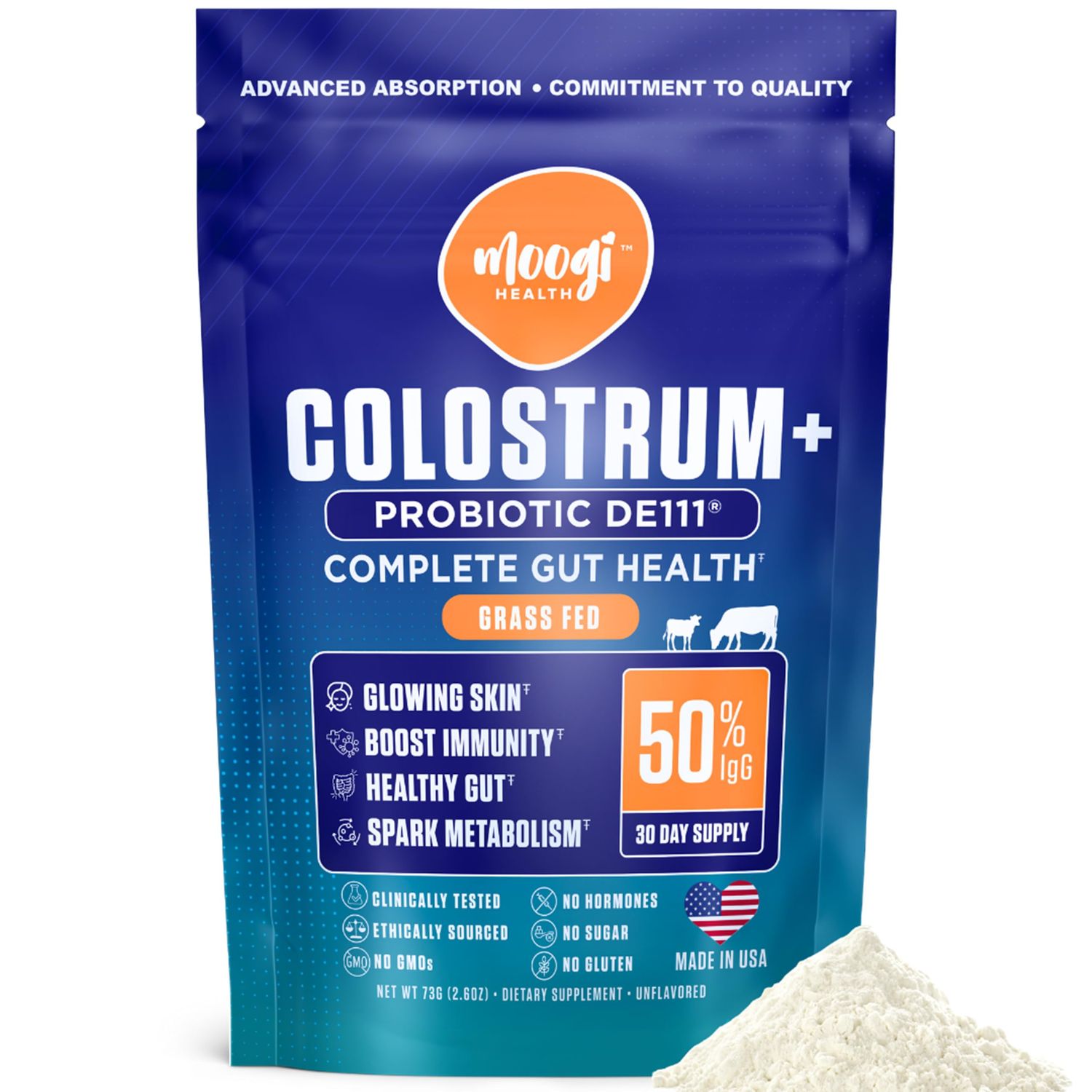 Moogi Performance Plus - Colostrum w DE111 Probiotics - Athletic Recovery Immune Support - Contains 50 IgG, 400 Bioactive Nutrients, Grass Fed, Gluten, Sugar Fat Free