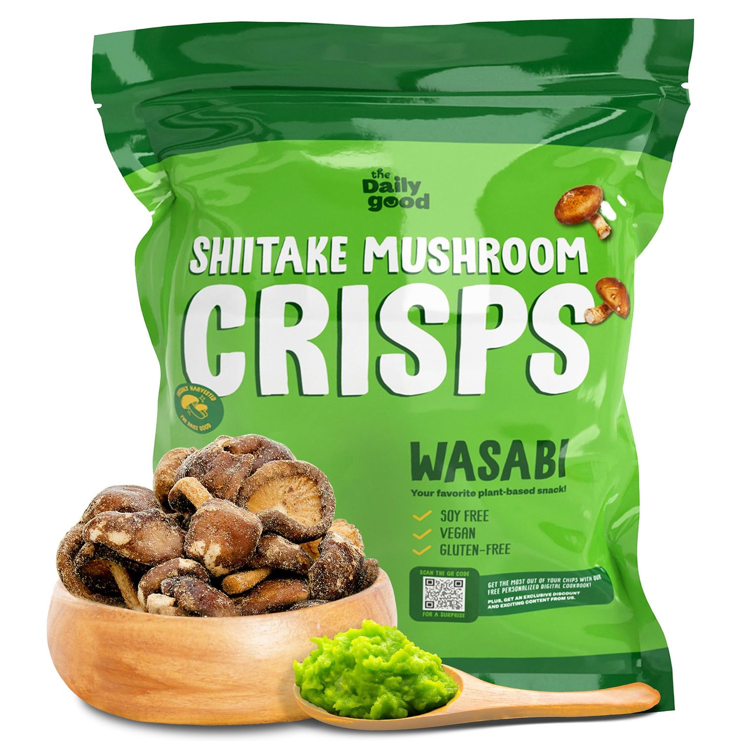 The Daily Good Shiitake Mushroom Crisps - 1-Pack Mushroom Chips, Yummy Dried Shiitake Mushrooms, Gluten-Free Mushroom Snack, Low-Temperature Vacuum Fried, Vegan Food, Wasabi Flavor, 0.2 lbs