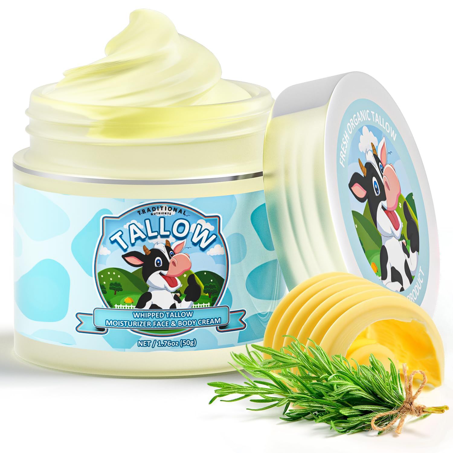 Beef Tallow, Beef Tallow for Skin, Tallow Face Moisturizer, 100 Organic Beef Tallow Blam Grass Fed Finished Whipped Tallow, Unscented Face Cream Moisturizer Body Lotion Skin Care for Sensitive Skin