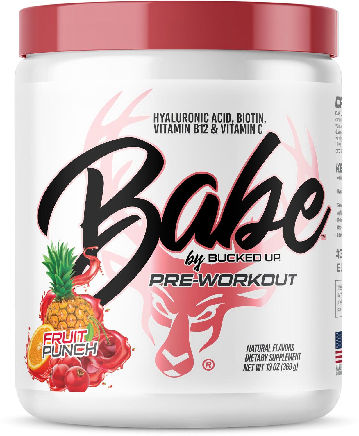 Bucked Up Babe Pre Workout Powder for Women Fruit Punch 6g Citrulline, 2g Beta-Alanine, 100mg Hyaluronic Acid, 5mg Biotin and 5 Other Registered trademarked Ingredients 30 Servings 13 OZ