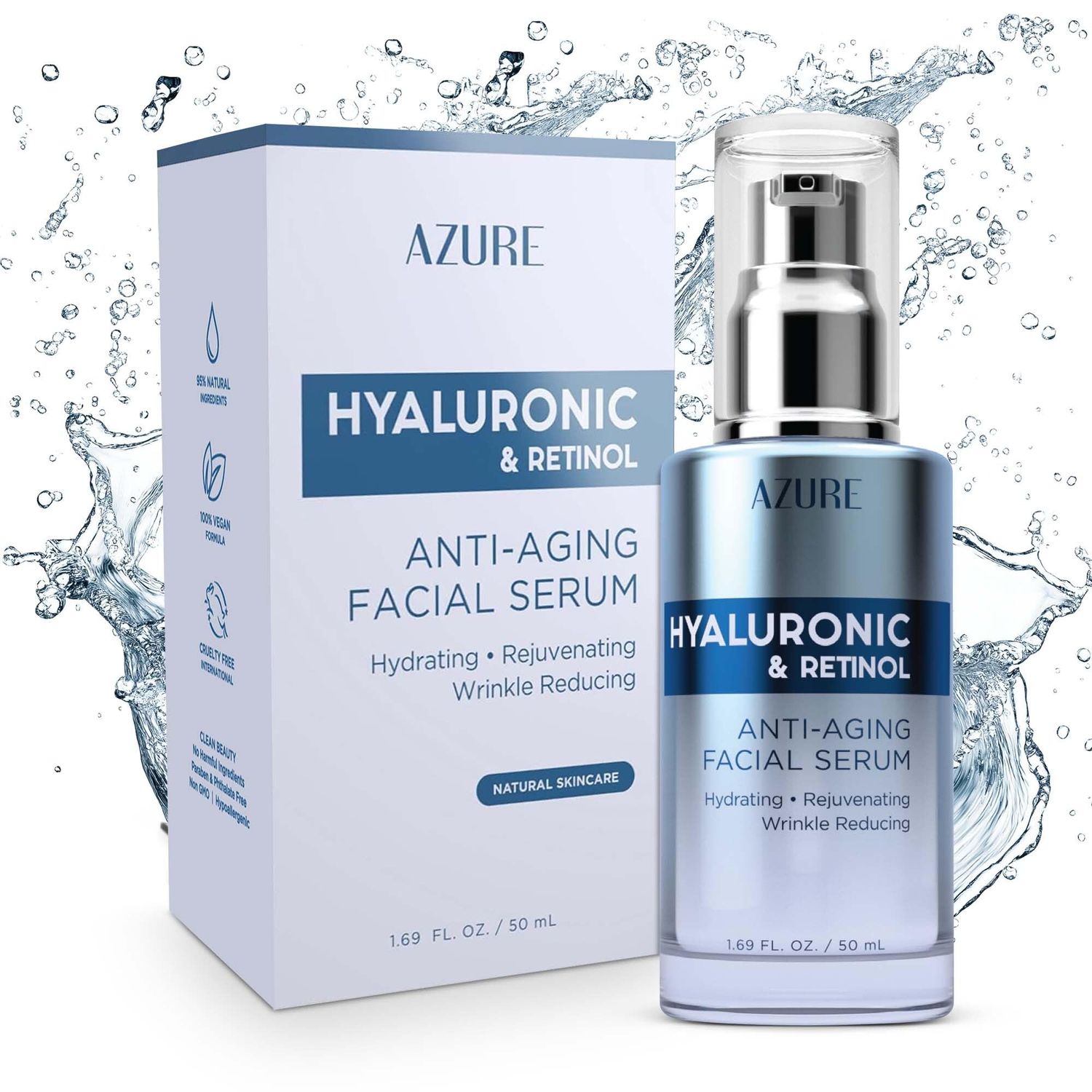 Azure Cosmetics Dermatologist Tested Hyaluronic Retinol Face Serum - K Beauty Anti-Aging Formula for Dark Spots Wrinkle Care - Korean Skincare, Moisturizing Complex for Glowing Skin - 1.69 fl oz